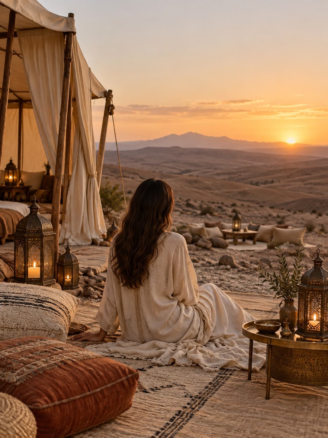 Guest sitting beside a desert tent in Agafay at sunset