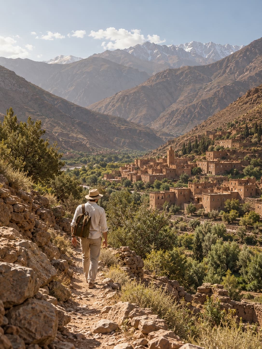 Traveller walking a mountain trail above a Berber village