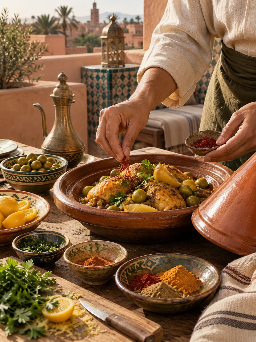 Hands preparing a tagine with saffron and preserved lemons