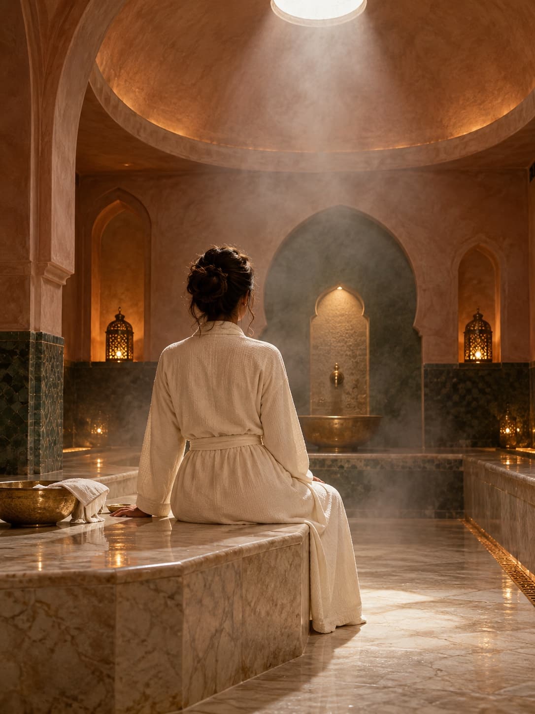 Guest wrapped in linen resting on a warm marble bench in the hammam