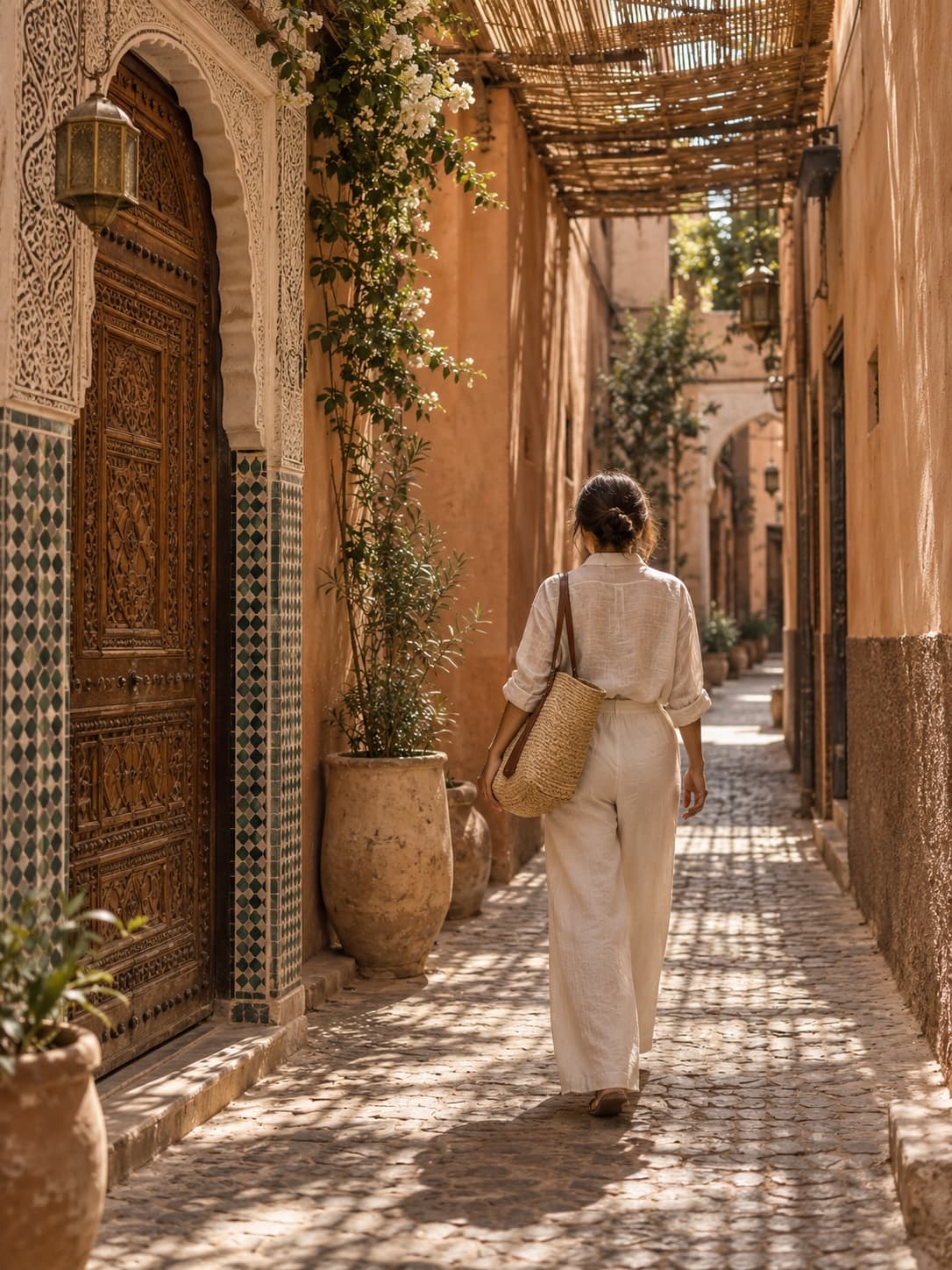 Guest walking through a sunlit ochre medina alley