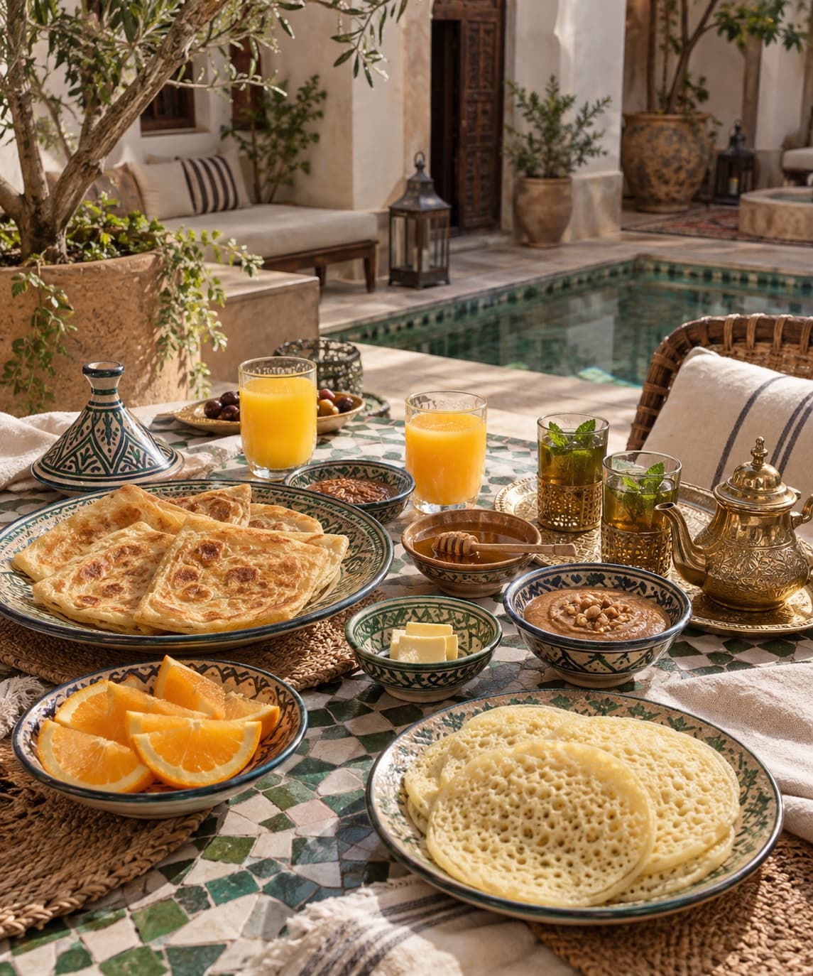 Moroccan breakfast with msemen, honey and fresh orange juice