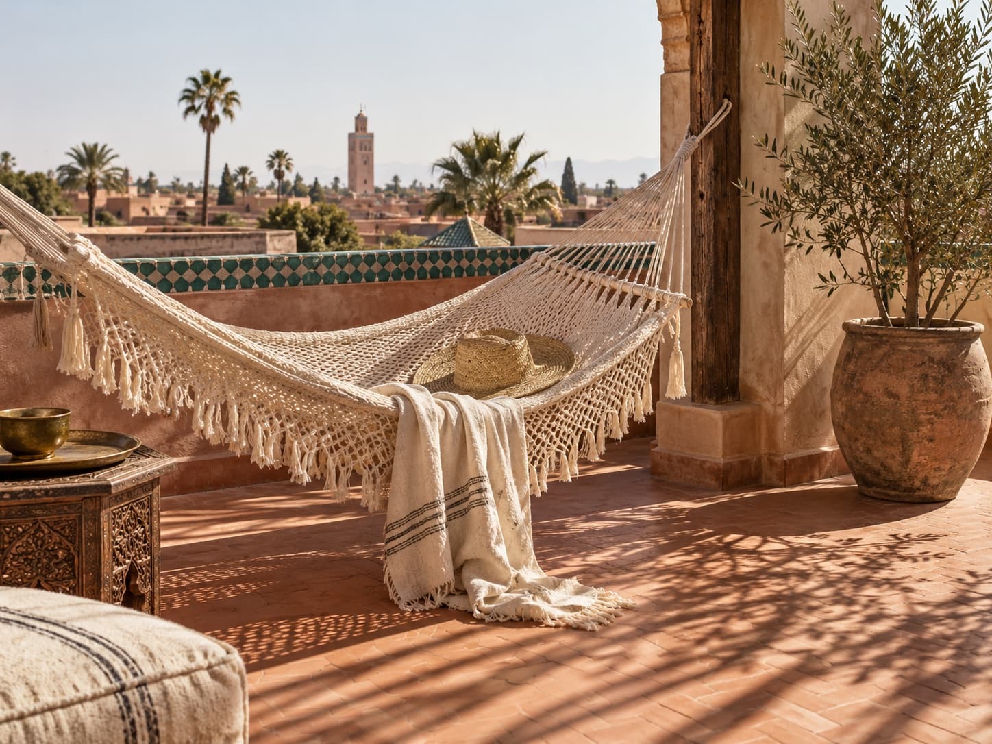 Woven hammock on a terracotta rooftop