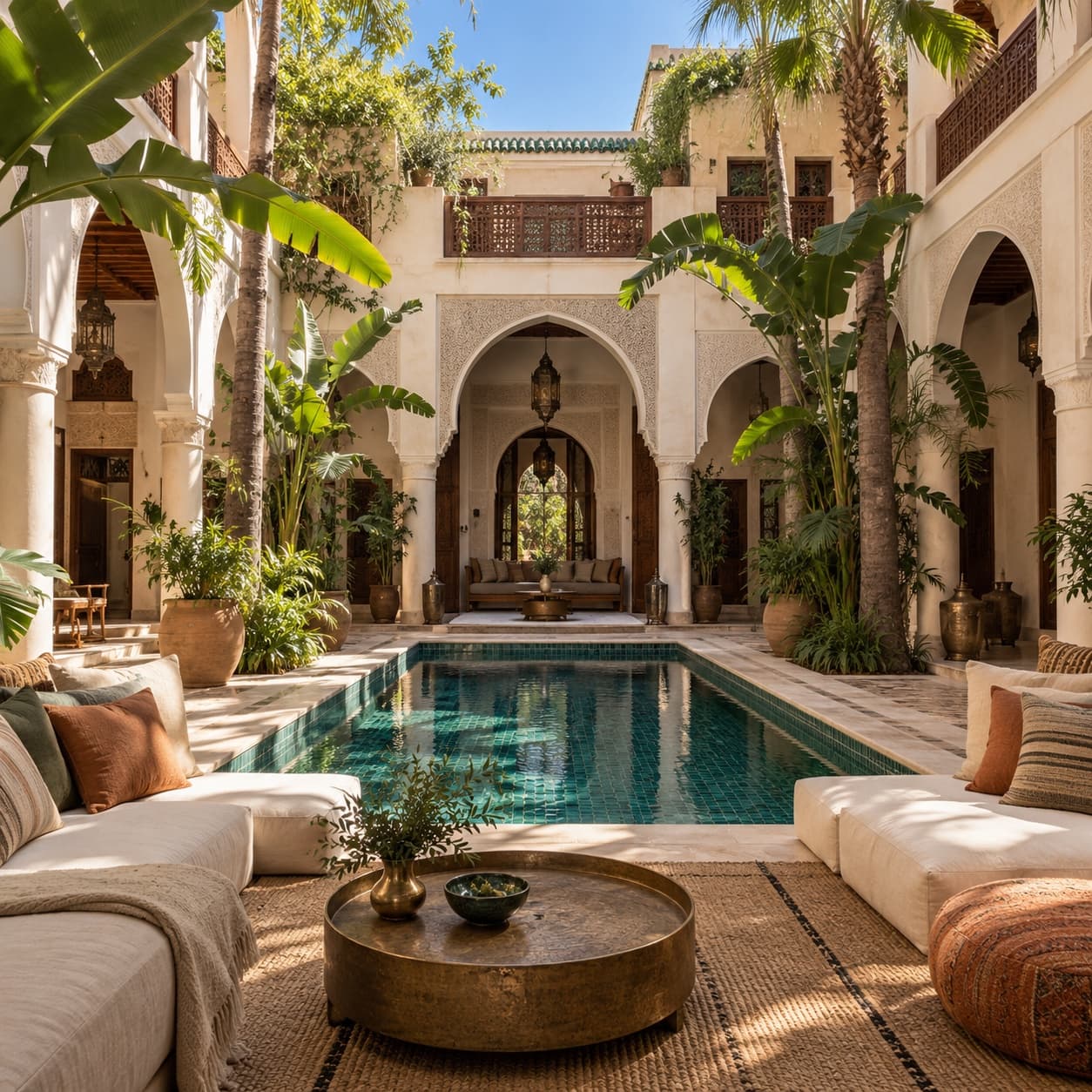 Open-air courtyard living room with pool and palms
