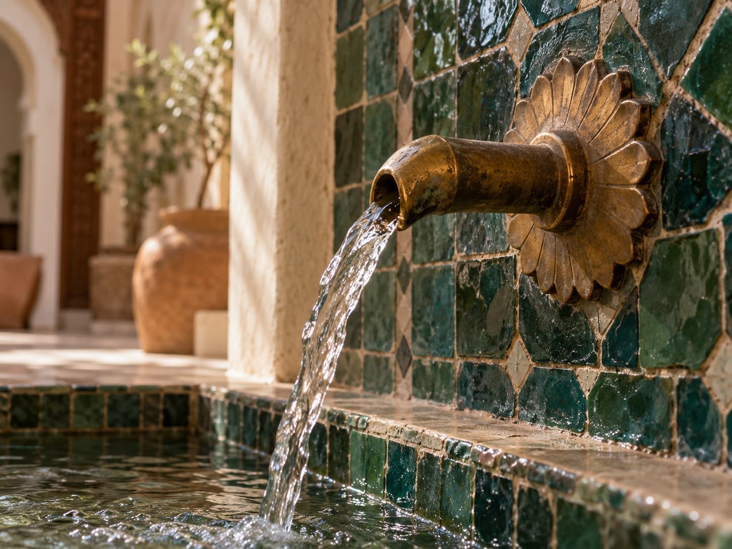 Zellige tiles and brass fountain spout with flowing water