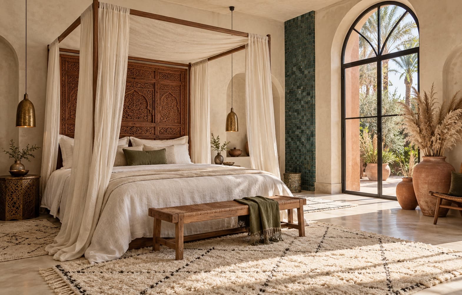 Canopy bed beneath a carved cedar headboard