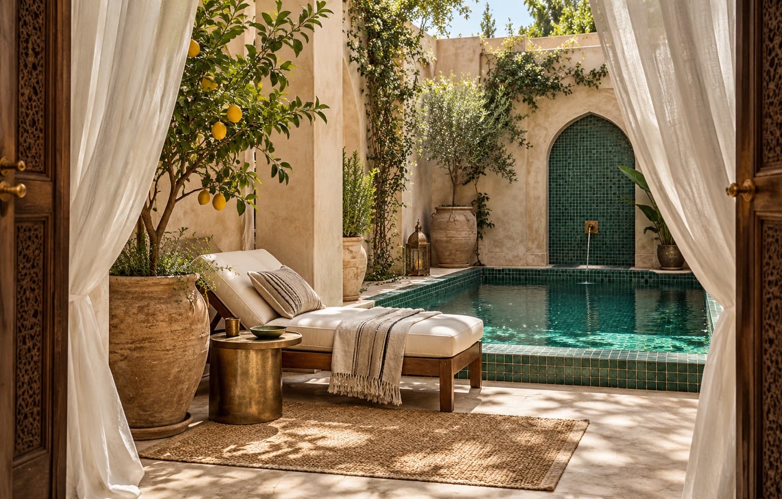 Lounge chair by a zellige plunge pool framed by curtains