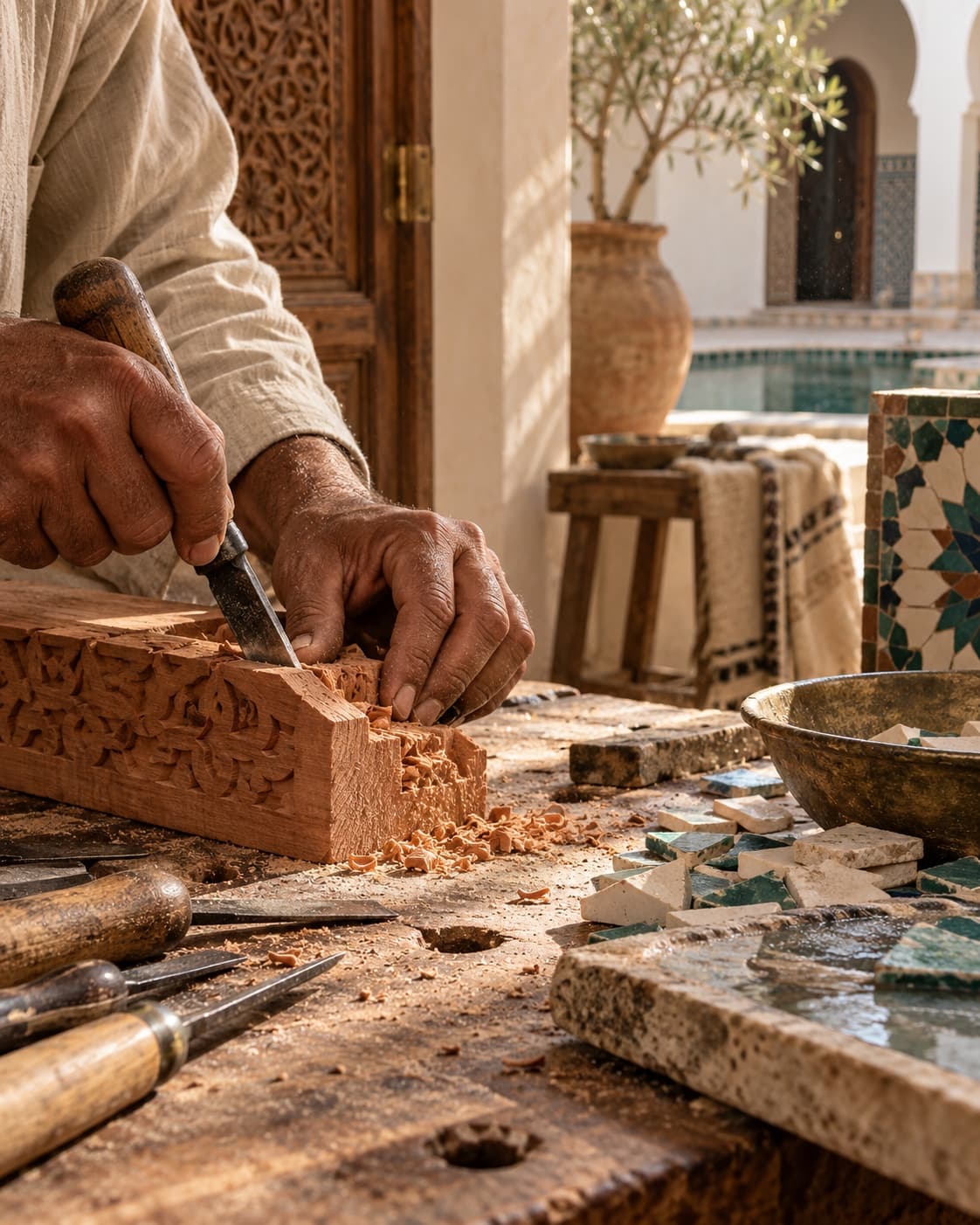 An artisan's hands carving cedar wood in a workshop
