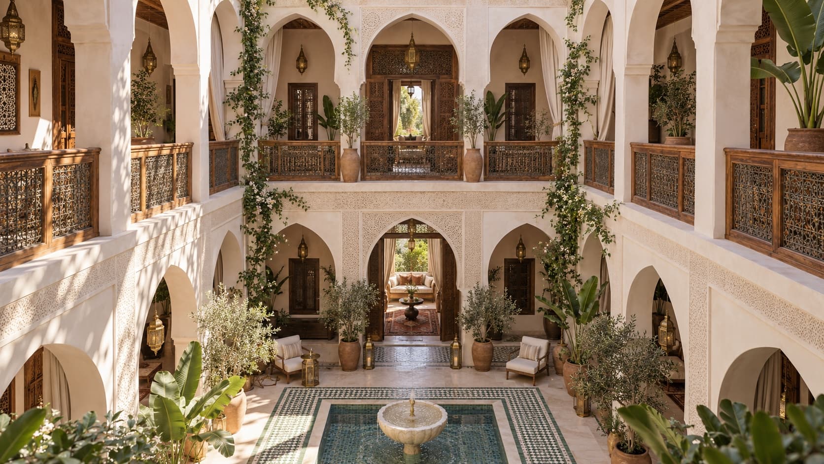Riad Azmera's courtyard seen from the upper gallery, fountain at its centre