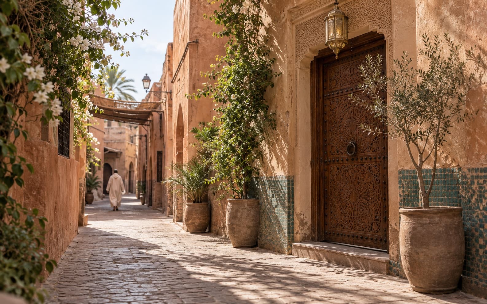 A quiet medina street with the riad's discreet door and lantern