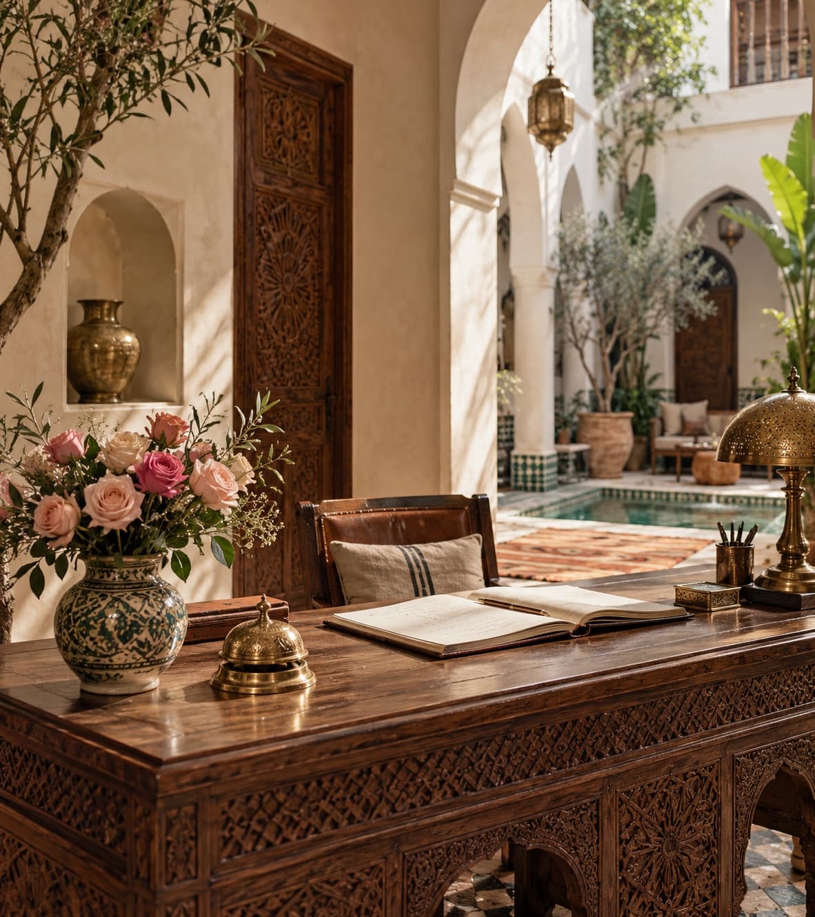 Riad Azmera's reception with a carved cedar desk and fresh roses
