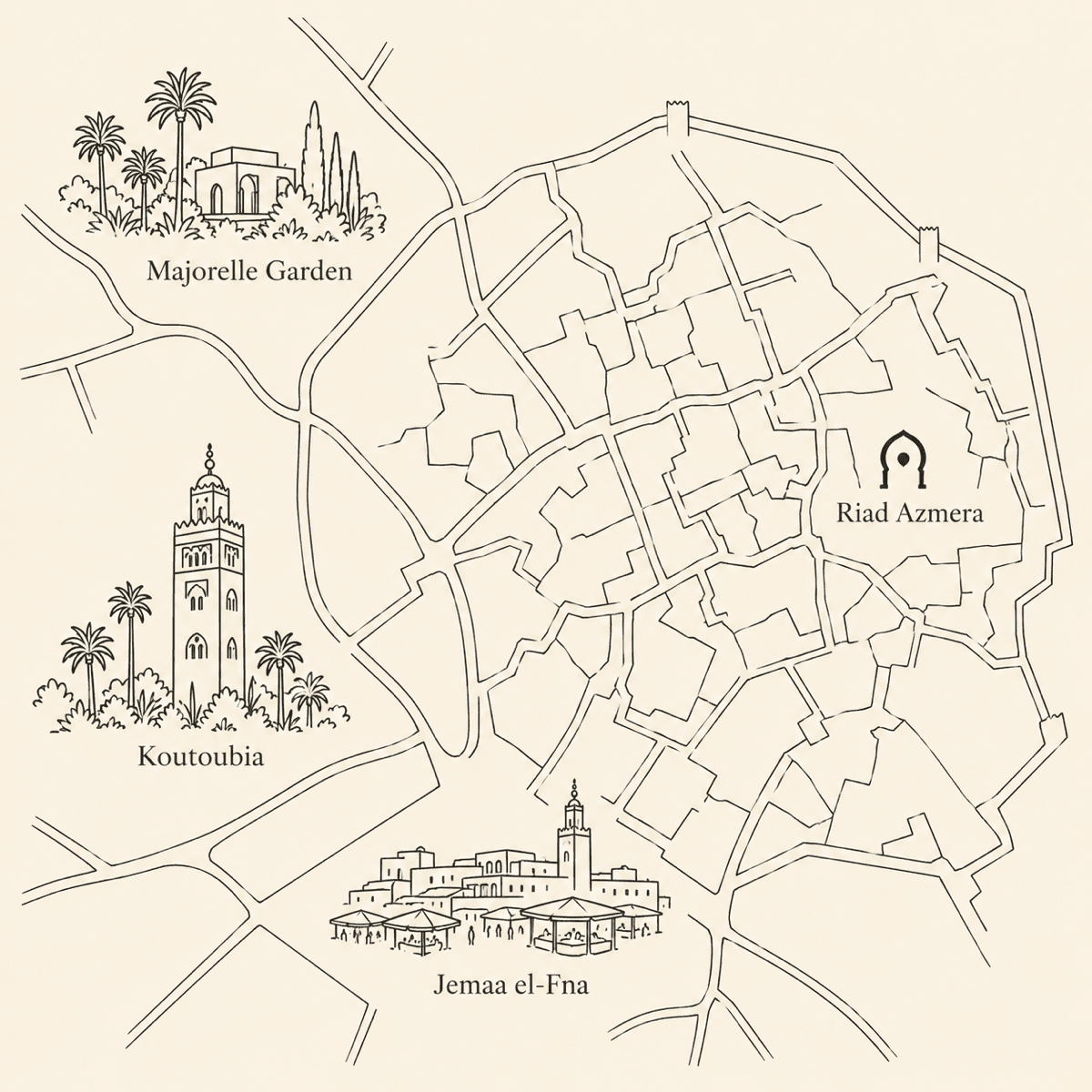 Illustrated map of the Marrakech medina showing Riad Azmera near Jemaa el-Fna