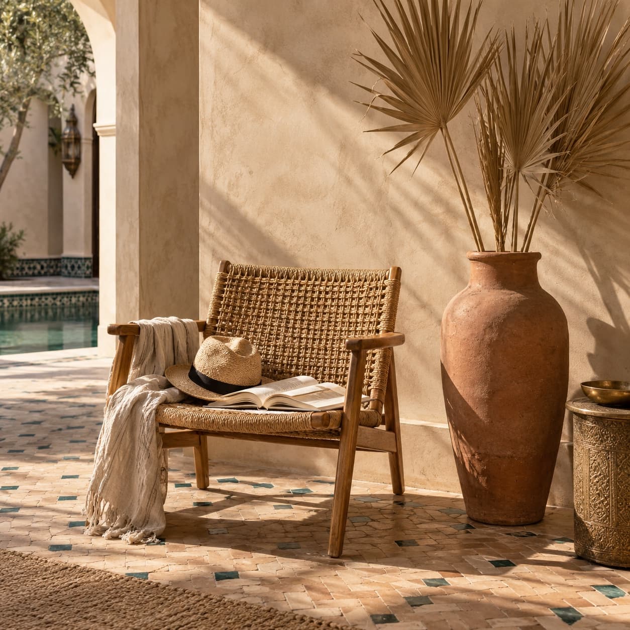 Wicker chair with straw hat and dried palm leaves