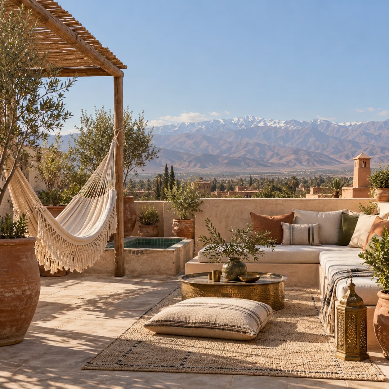 Rooftop terrace with hammock facing the Atlas mountains