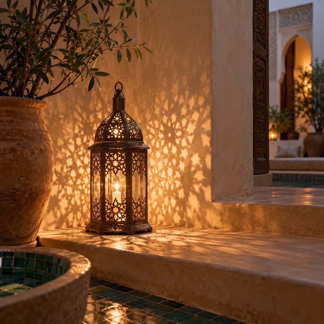 Brass lantern casting star patterns on a cream wall