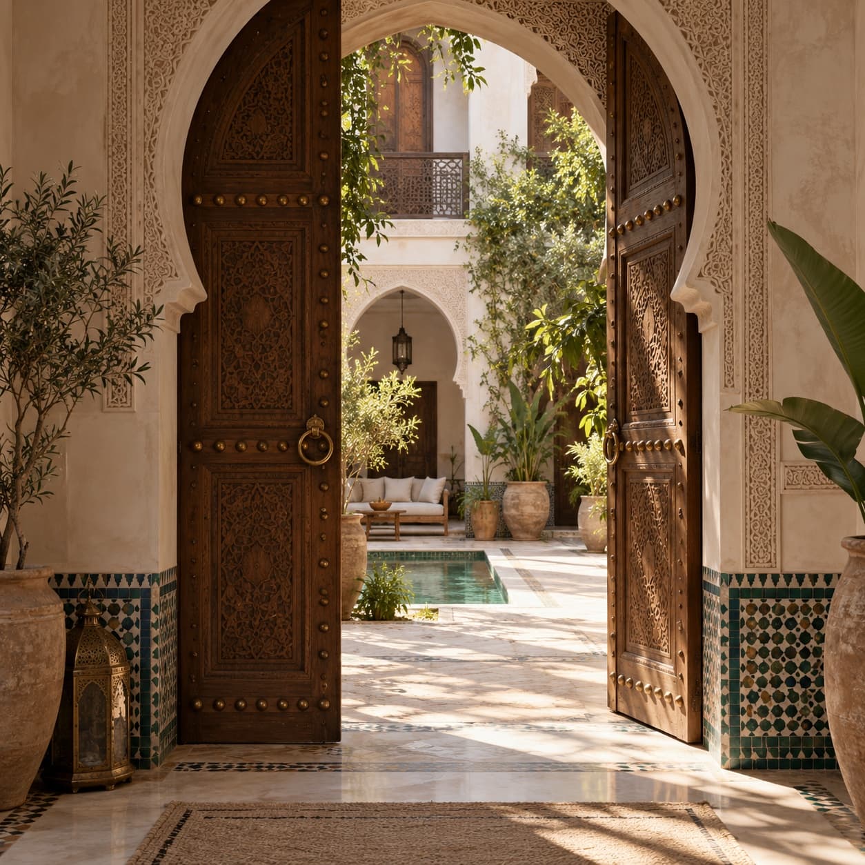 Carved cedar entrance door opening onto the sunlit courtyard