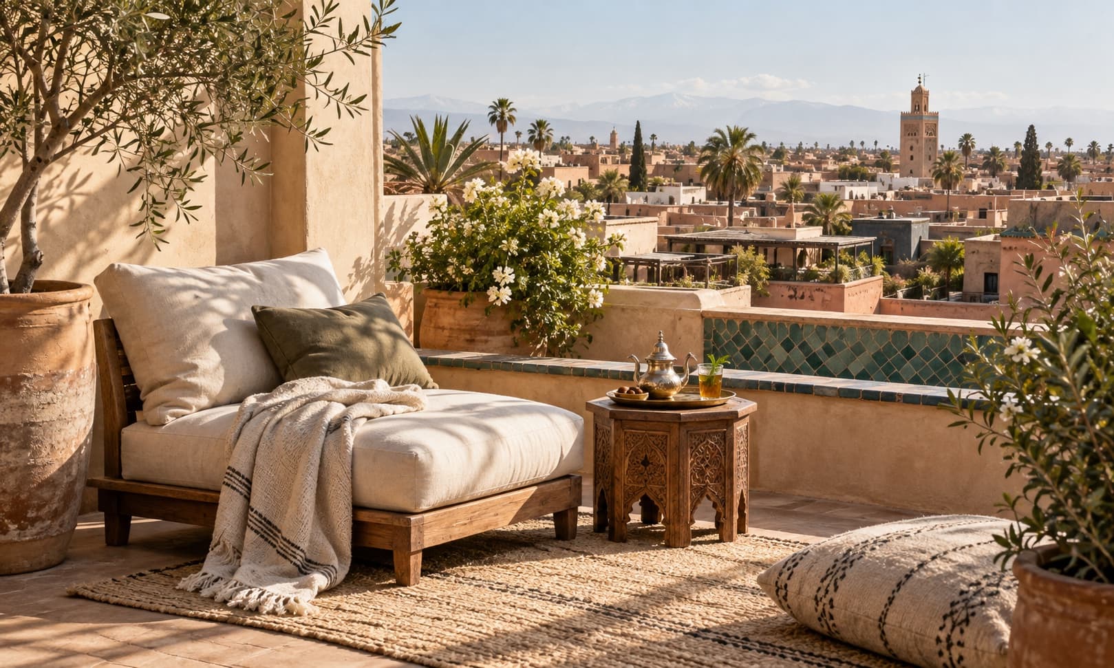 Rooftop lounge chair with blanket and tea overlooking the medina