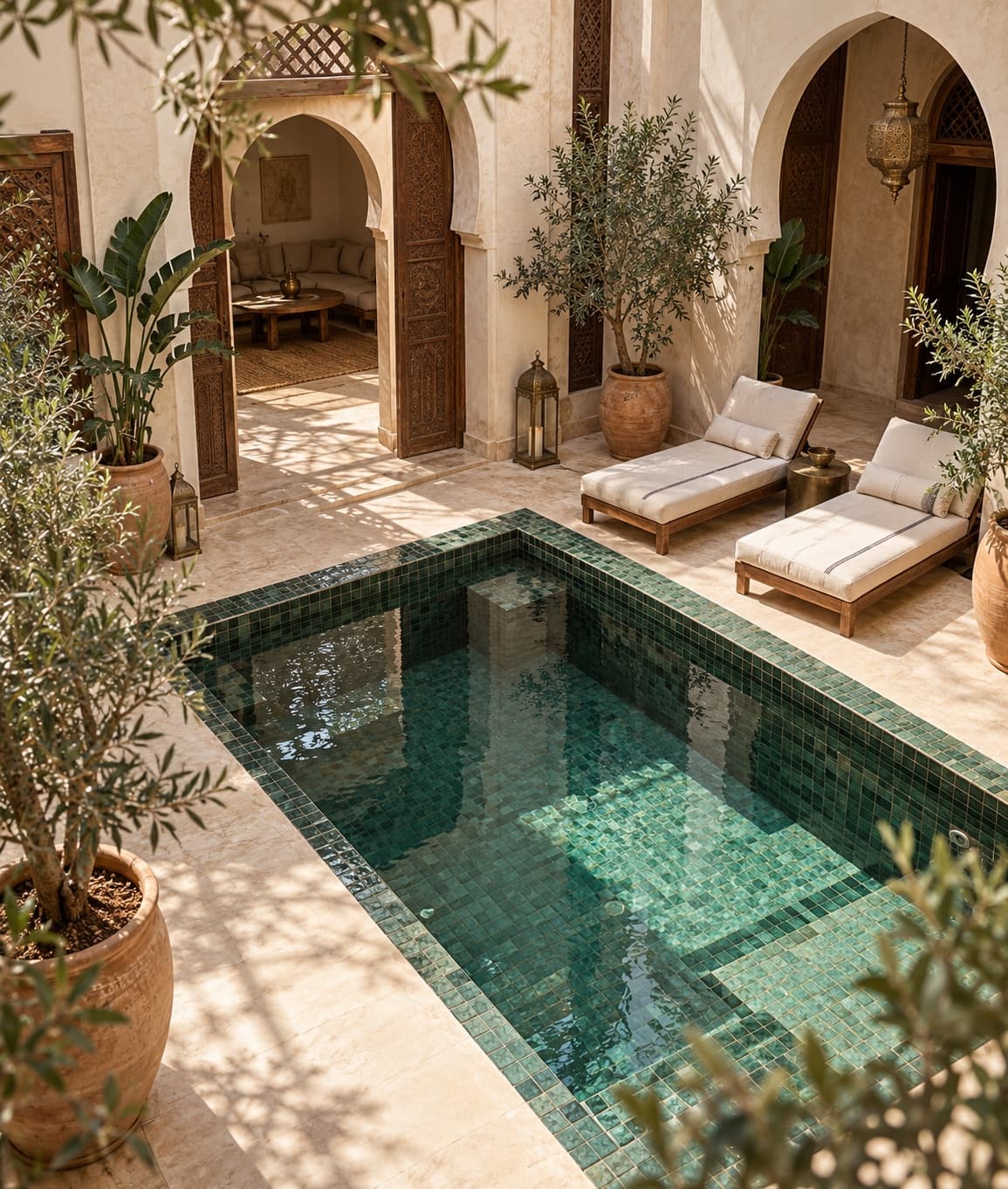 Zellige plunge pool in a sunlit riad courtyard with olive trees