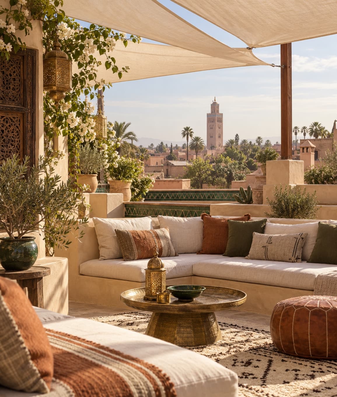 Rooftop terrace with shade sails and the Koutoubia in the distance