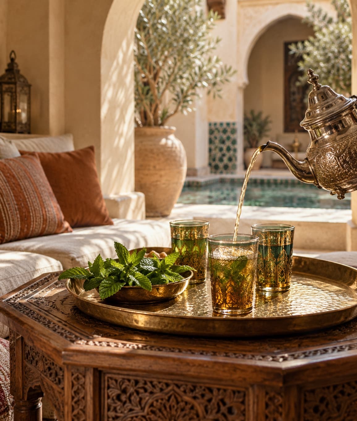 Moroccan mint tea poured from a silver teapot on a brass tray