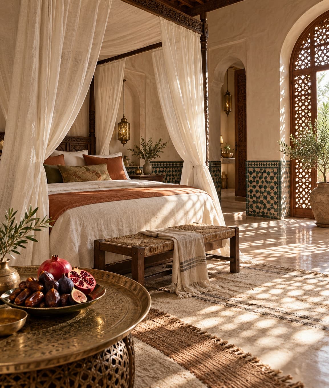 Canopy bed with linen drapes and a tray of dates and figs