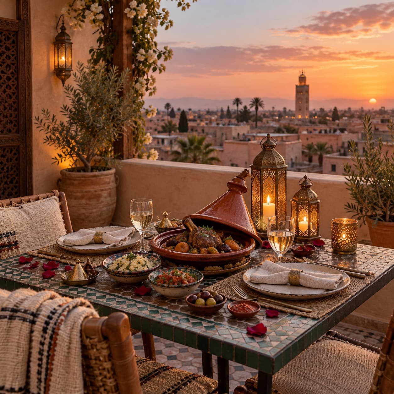 Candlelit rooftop dinner for two with tagine and lanterns