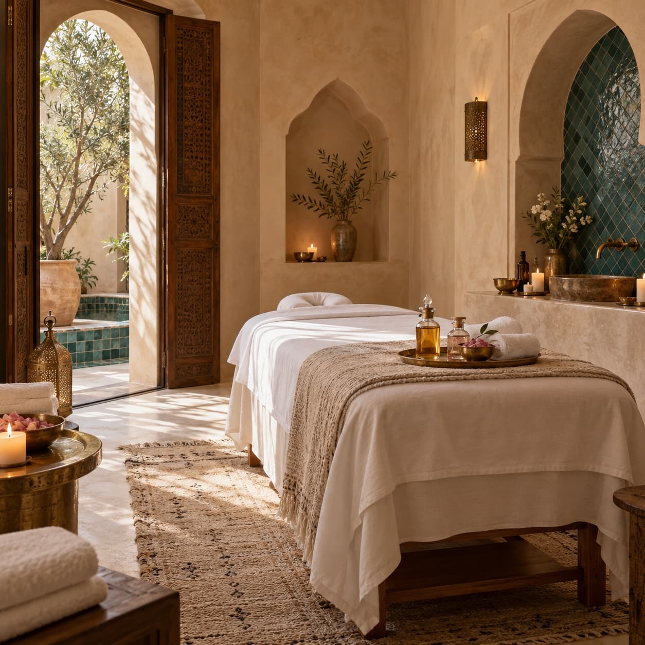 Spa room with massage table, argan oil and candles