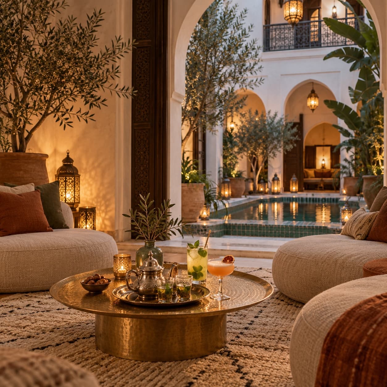 Courtyard lounge with round low seating and mint tea