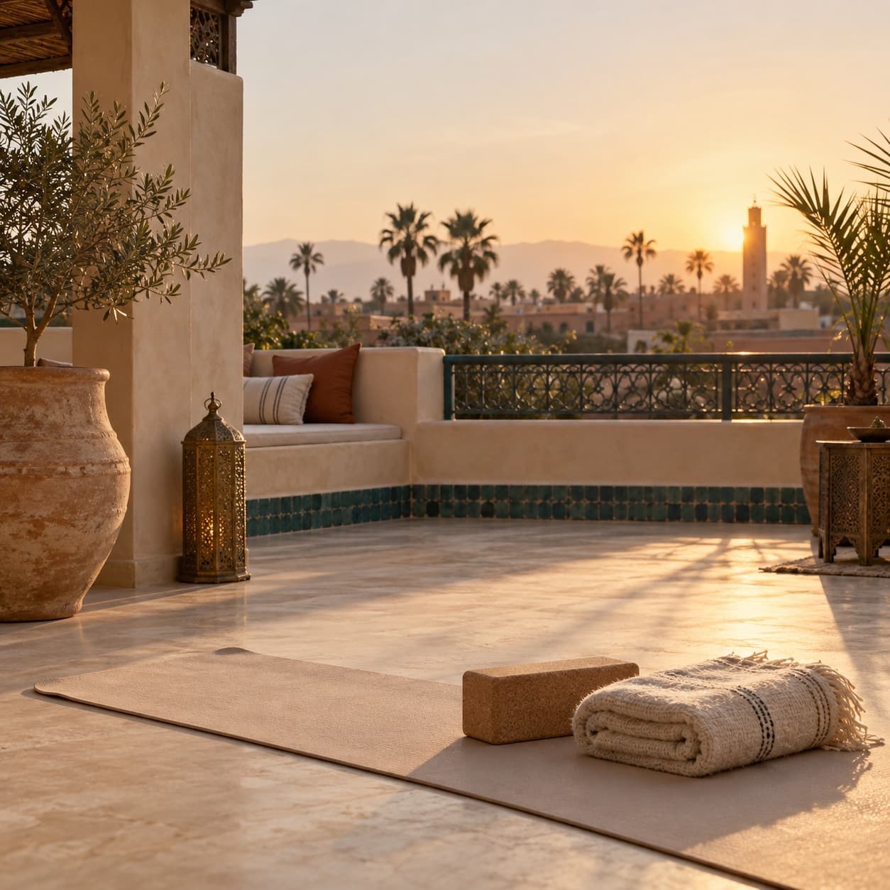 Yoga mat on a rooftop terrace at sunrise