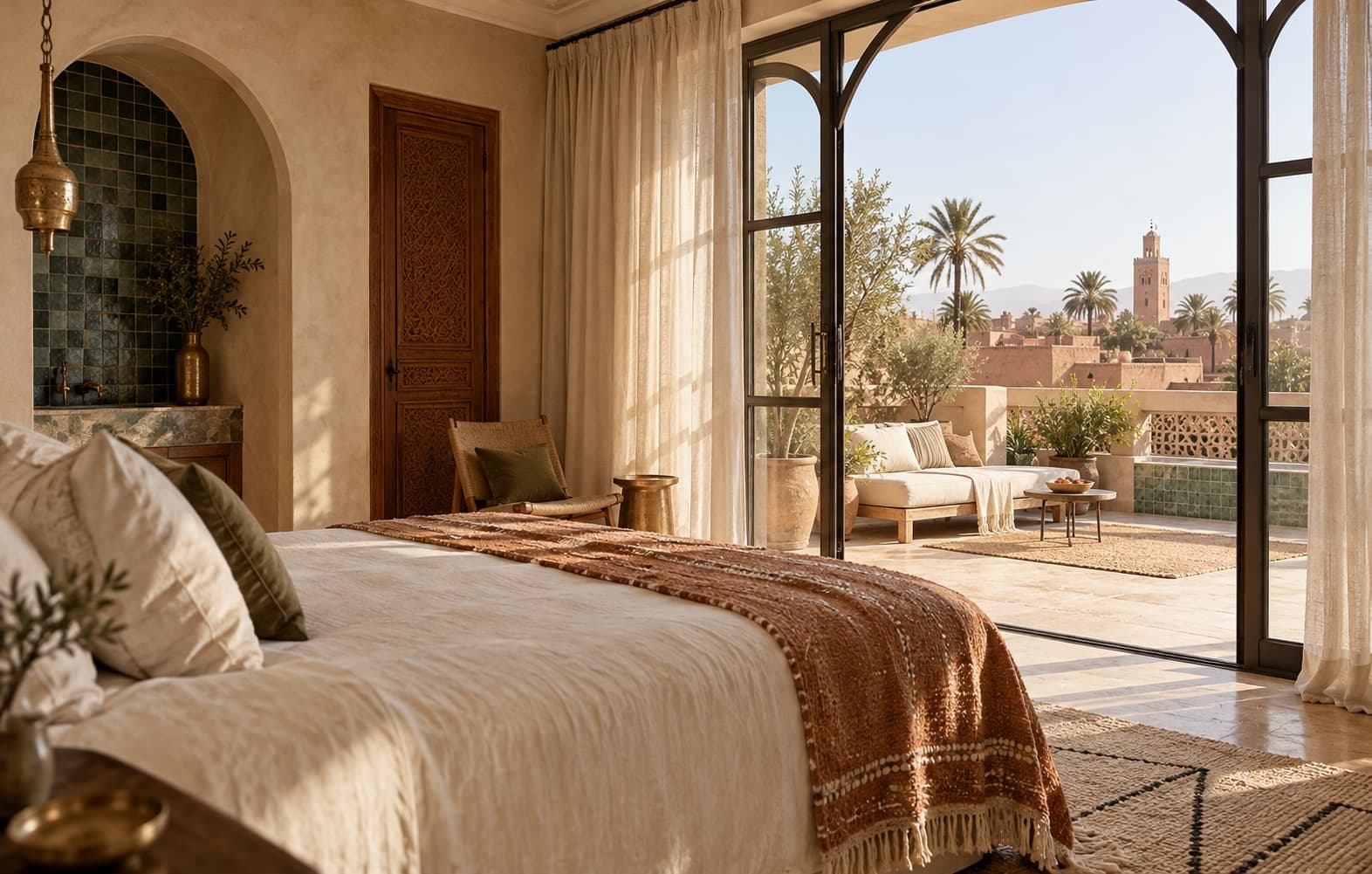 Bedroom opening onto a rooftop terrace in morning light