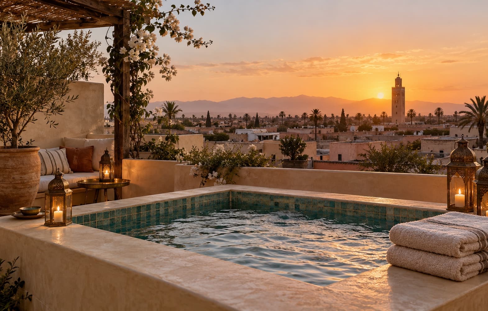 Stone jacuzzi on a lantern-lit rooftop at dusk