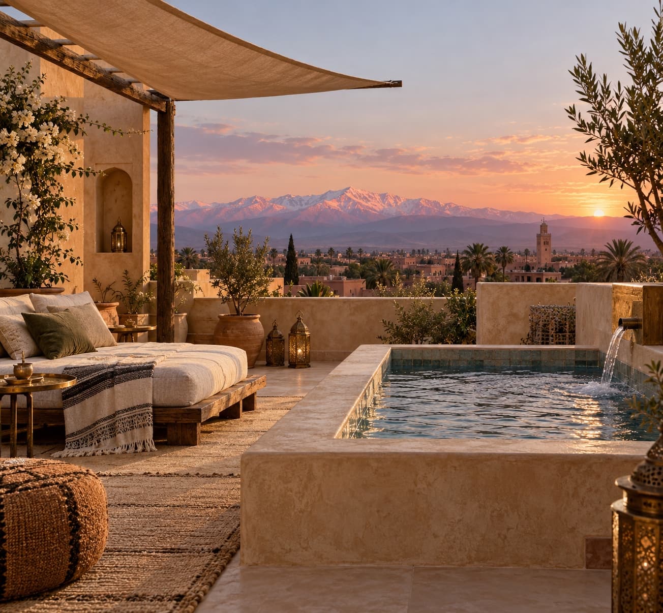 Private rooftop terrace with jacuzzi and the Atlas mountains at sunset