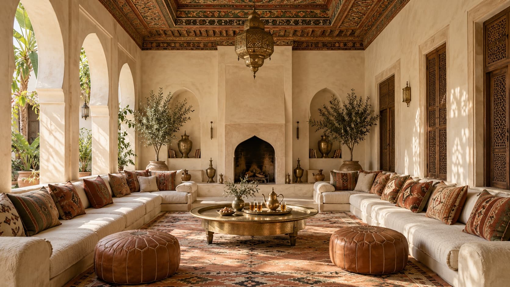 Moroccan salon with painted cedar ceiling and long banquettes