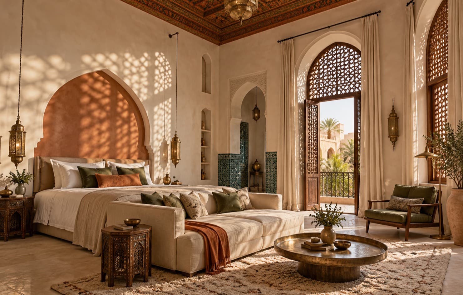Grand bedroom with mashrabiya shadows on the wall