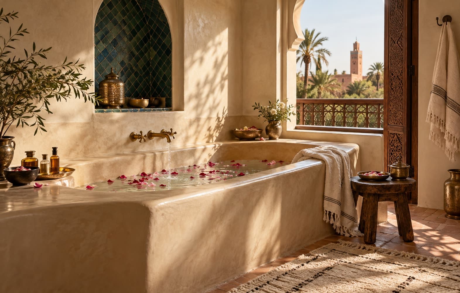 Tadelakt bathtub carved into the wall beside an arched window