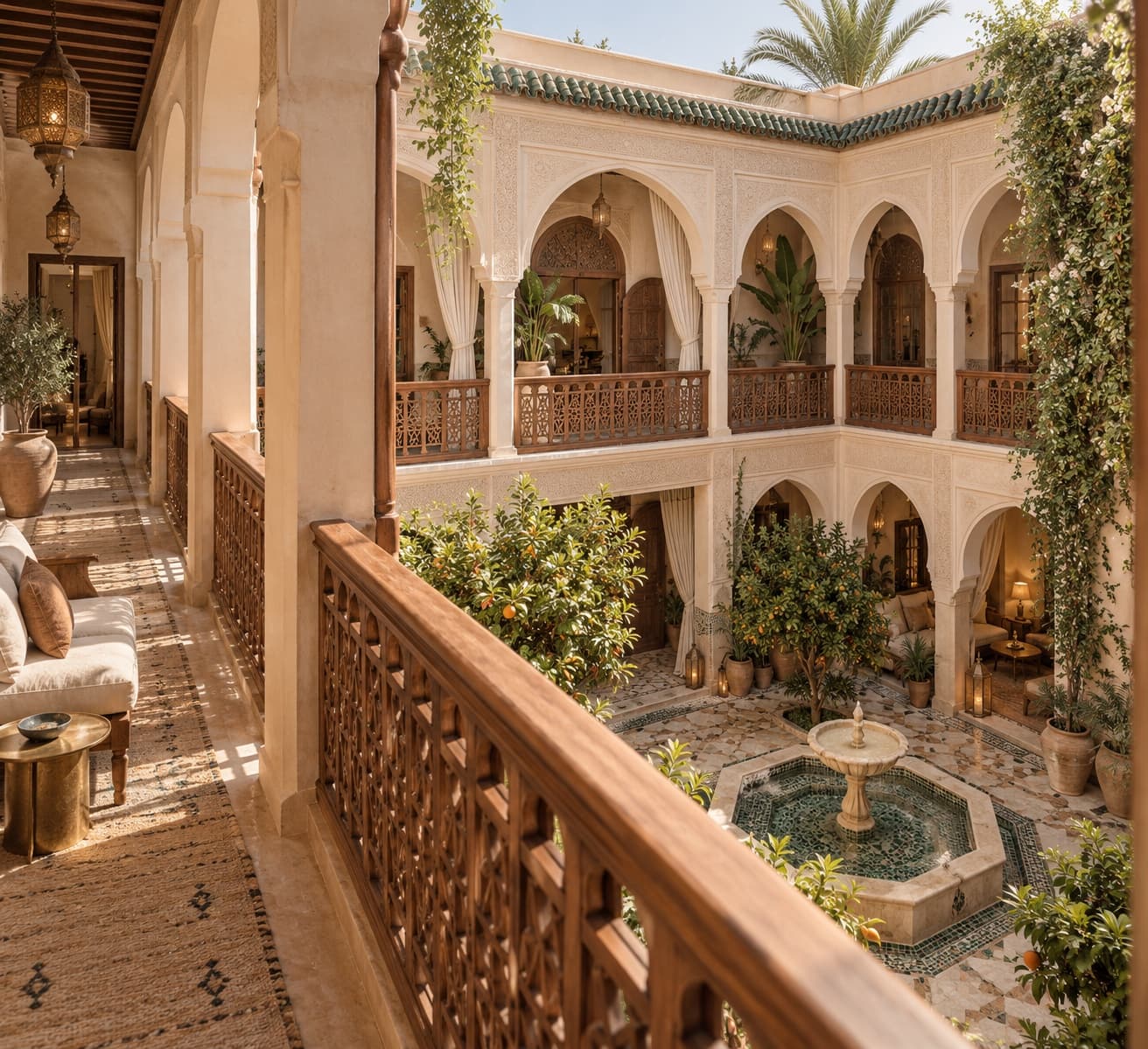 Carved wooden gallery overlooking the riad courtyard and fountain