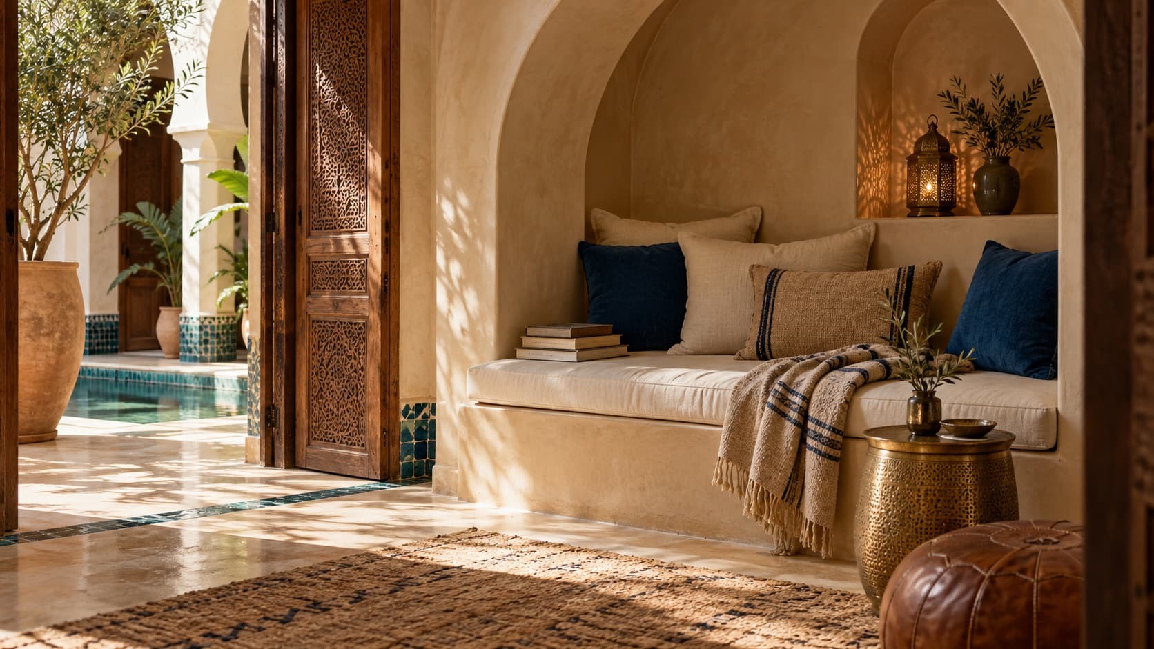 Arched reading nook with cream and cobalt cushions
