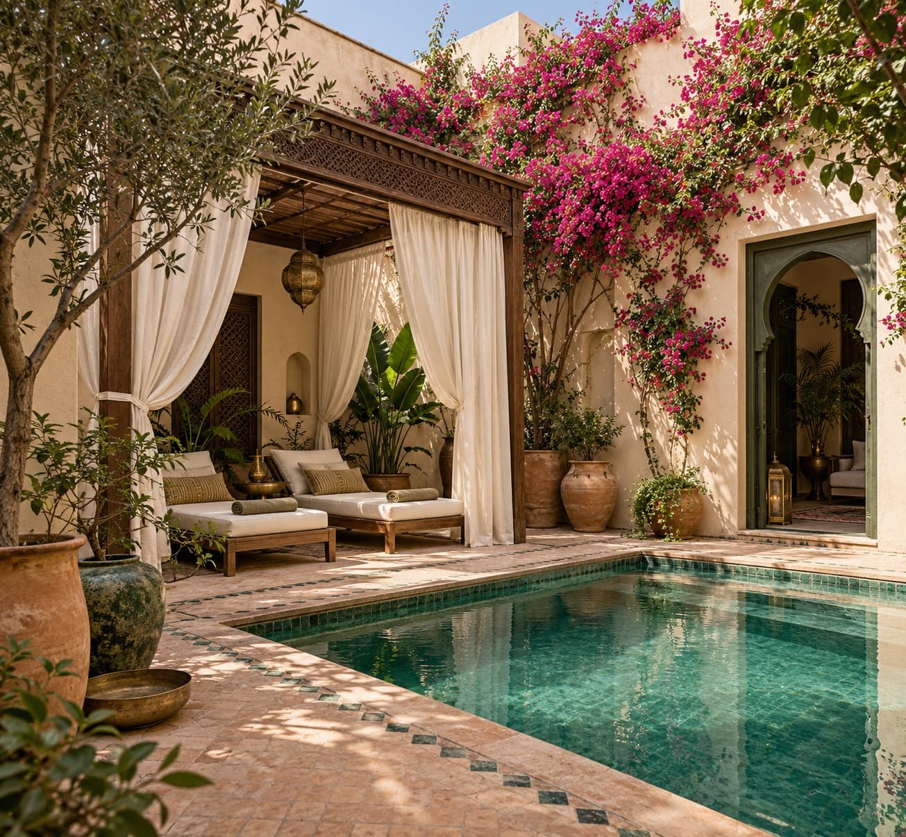 Private riad patio with cream-draped cabana and green plunge pool