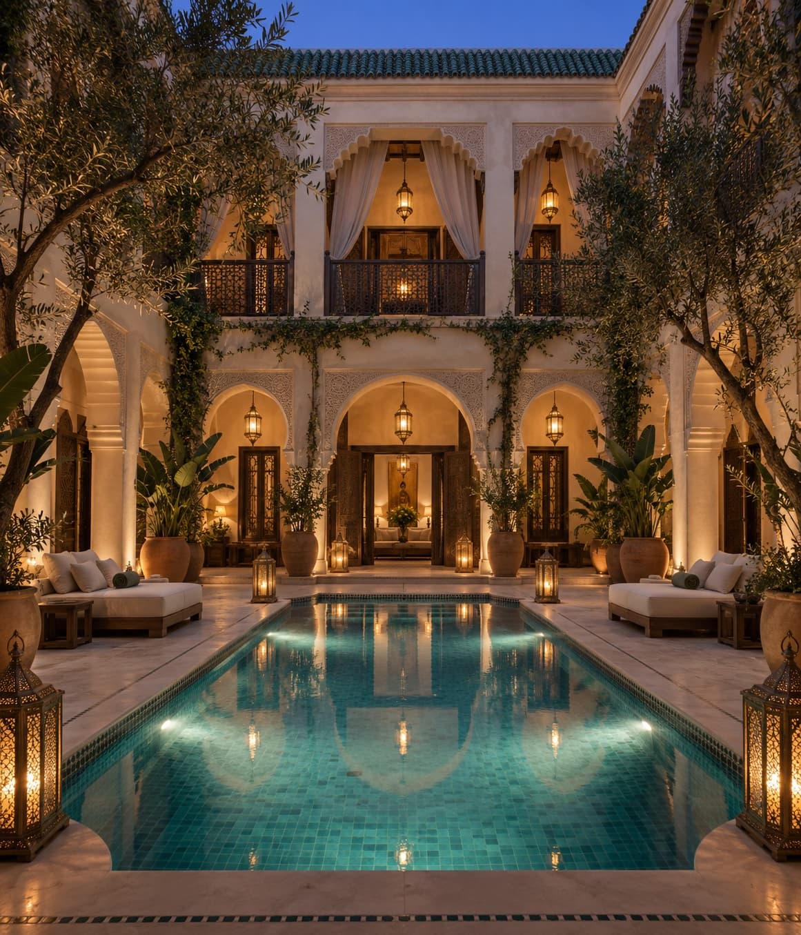 Riad Azmera's courtyard pool glowing at blue hour, lanterns lit along the arcades