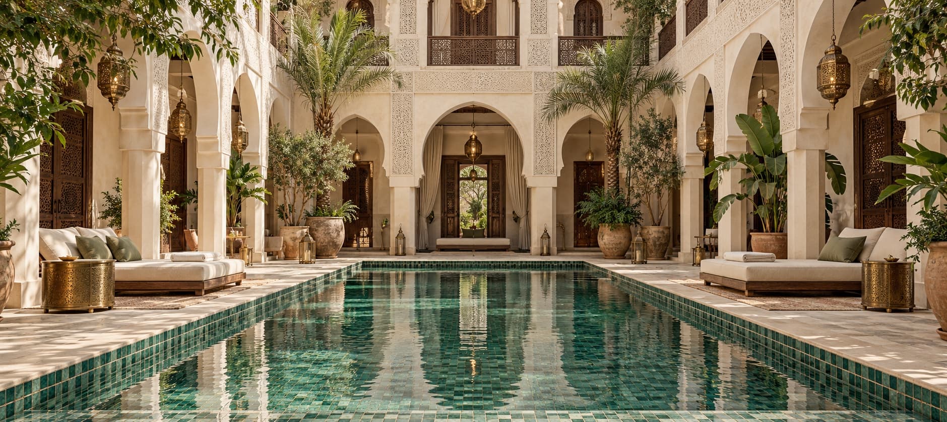 Riad Azmera's courtyard pool framed by carved arcades, palms and brass lanterns